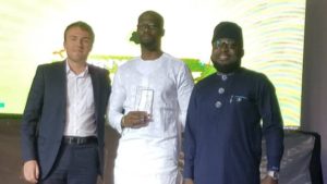 L-R: Delegate of the Regional Economic Advisor, French Embassy, William Levasseur; representative of the MD/CEO of Heritage Bank Plc, Ifie Sekibo; Jubril Adeojo, Team Lead, Power Corporate Banking and the Chairman of the NYPF, Moses Siloko Siasia, when Heritage Bank Plc was awarded for its Outstanding Contributions toward improving the lives of Young Business Owners in Nigeria at the 5th Anniversary Ceremony of the highly-rated Nigerian Young Professionals Forum (NYPF) Awards for 2018, in Abuja yesterday.