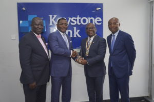 L-R: Registrar/CEO, Chartered Institute of Bankers of Nigeria (CIBN), Seye Awojobi; Group Managing Director/CEO, Keystone Bank Limited, Dr. Obeahon Ohiwerei; President/Chairman of Council, CIBN, Dr. Uche Olowu and Group Deputy Managing Director, Keystone Bank Limited, Abubakar Sule, during a courtesy visit by the CIBN executives to Keystone Bank headquarters to discuss key industry issues of interest to the institute and the bank, recently.