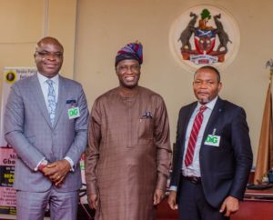  (L-R) Regional Bank Head,  Keystone Bank Limited, Mr. Olaniran Olayinka; the Deputy Governor, State of Osun, Chief Benedict Alabi; and Divisional Head, West, Keystone Bank Limited, Mr Ademola Adeyemi; during a courtesy visit by the management of Keystone Bank to the State of Osun Deputy Governor in his office at Osogbo, on Wednesday.