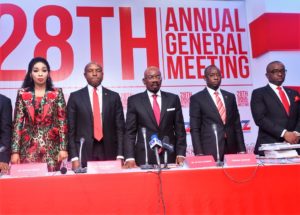 Chairman, Zenith Bank Plc., Mr. Jim Ovia, CON (Centre), flanked from left by the Deputy Managing Director, Ms. Adaora Umeoji; the Managing Director/CEO, Mr. Peter Amangbo; the Company Secretary, Mr. Mike Otu; and the Deputy Managing Director, Mr. Ebenezer Onyeagwu at the bank’s 28th Annual General Meeting held in Lagos, yesterday.