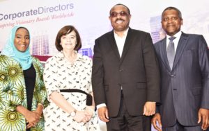 L-R: Group Executive Director, Dangote Industries Limited, Halima Aliko Dangote; Wife of former British Prime Minister, Cherie Blair (Guest Speaker); Former Prime Minister of Ethiopia, Hailemariam Desalegn (Guest Speaker); and President/CE, Dangote Industries Limited, Aliko Dangote, at the 2019 Women Corporate Directors Lecture sponsor by Aliko Dangote Foundation, theme “The courage to  Lead; Inspiring Others, Overcoming Challenges and Achieving Success, in Lagos on Thursday, April 25, 2019