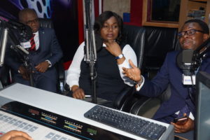 L-R: Divisional Head, Managed SMEs, Fidelity Bank Plc, Osaigbovo Omorogbe; Executive Director, Shared Services & Products, Fidelity Bank Plc, Chijioke Ugochukwu; Partner, PWC Experience Centre and Emerging Technologies, Femi Osinubi at the Fidelity SME Radio Forum held at Inspiration FM in Lagos on Tuesday to create publicity ahead of the forthcoming Fidelity SME Funding Connect. 