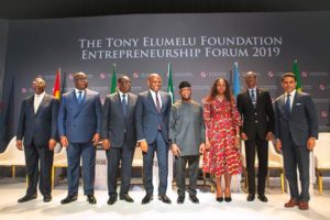 L-r: Prime Minister of Uganda, H.E. (Dr.) Ruhakana Rugunda; President of Democratic Republic of Congo, H.E. Felix Tshisekedi; President of Senegal, H.E. Macky Sall;  The Founder, The Tony Elumelu Foundation, Mr. Tony Elumelu;  Vice President of Nigeria, H.E. (Prof) Yemi Osibanjo; Wife of the Founder, The Tony Elumelu Foundation, Dr Awele Elumelu; President of Rwanda, H.E. Paul Kagame;  Moderator and  Host Fareed Zakaria GPS, CNN Presenter, Mr. Fareed Zakaria, during the Founder’s Presidential Dialogue held at the Tony Elumelu Foundation Entrepreneurship Forum 2019, the largest gathering of African entrepreneurs, held in Abuja on Saturday.  