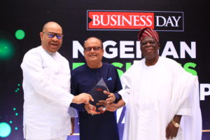 Haresh Keswani, Group Managing Director, Artee Group (middle) being congratulated by the Chairman, Artee Group, Asiwaju Solomon Kayode Onafowokan, OON (right) and Mr Emeka Onwuka, former Managing Director, Diamond Bank (left) at the BusinessDay Nigerian Business Leadership Awards 2019 at Lagos Continental Hotel over the weekend 