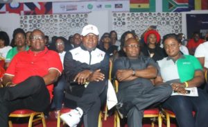 L-R: Dan Akpovwe, Publisher, Abuja Inquirer; Valentine Ozigbo, Chairman of Feet n Tricks Limited; Jude Monye, Executive Director, Heritage Bank Plc and Oluwafunmi Aloku, Head, Product Strategy and Business Solutions, Heritage Bank, during the 3rd edition of African Freestyle Football Competition 2019 in Lagos.