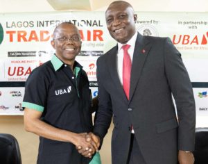 Chairman, Trade Promotion Board and Vice-President, Lagos Chamber of Commerce and Industry(LCCI), Mr Gabriel Idahosa and Group Head, Consumer and Retail Banking, United Bank for Africa (UBA) Plc, Mr. Jude Anele, at the Press Conference organised by LCCI and the headline partner, UBA Plc, on the upcoming Lagos International Trade Fair 2019 in Lagos on Tuesday