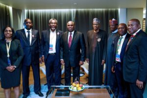 President Muhammadu Buhari (4thright) with Governor of Zamfara State, Bello Muhammad Matawalle (3rdright); Minister of Solid Minerals, Arc. Olamilekan Adegbite (3rd left); President/CEO AfreximBank, Prof. Benedict Oramah (4th left); MD/CEO Heritage Bank Plc, Dr Ifie Sekibo (2ndright); Managing Director, Intra-African Trade Initiative, AfreximBank, Mrs. Kanayo Awani (left); Zamfara State Official, Alhaji Bashir Hadejia (2nd left) and Managing Director, Pan African Capital, Mr. Chris Oshiafi, during a meeting to brief President Buhari on the Afreximbank cooperation with Zamfara State for Solid Mineral development put together by Heritage Bank and PAC, in Sochi, Russial, weekend. 