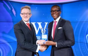Idowu Thompson, Group Head, Private Banking, First Bank of Nigeria Limited, receiving the Best Private Bank in Nigeria award on behalf of FirstBank from Paul Richardson of World Finance at the London Stock Exchange Studios...recently. 