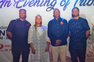 Son of the late Chief Alex Akinyele, Mr. Akinrinmola Akinyele; His Sister, Abimbola Akinyele; Vice President, NIPR, Comptroller Adewale Adeniyi; and his brother, Mr. Constantine Akinfolarin Akinyele during the Night of Tributes for the late Chief Alex Akinyele organized by Body of Fellows of the Nigerian Institute of Public Relations (NIPR), Lagos State Chapter in Lagos on Thursday, 23rd of January 2020.
