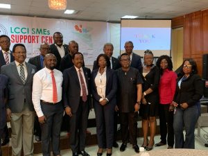 Helen Nwelle, Group Head, MSME & Value Chain Management of Keystone Bank Limited with executives of the Lagos Chambers of Commerce and Industry (LCCI) and other Business Consultants, at the launch of the LCCI SME Support Centre, in Lagos, recently.