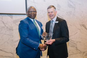 Dr Adesola Adeduntan, CEO, FirstBank (l), being presented the Cranfield School of Management Distinguished Alumnus Award 2020 by Professor Sir Peter Gregson FREng MRIA, DSc, Chief Executive and Vice-Chancellor, Cranfield University.