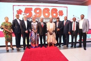 Mr. Jim Ovia, CON, Chairman, Prudential Zenith Life (5th Left) flanked by Onyinye Ikenna-Emeka, GM, Enterprise Marketing, MTN Nigeria (1st Left); Ajibola Olabisi Bankole, Deputy Director (Inspectorate), NAICOM (2nd Left); Mazen Mroue, Chief Operating Officer, MTN Nigeria (3rd Left); Lynda Saint-Nwafor, Chief Enterprise Business Officer, MTN Nigeria (4th Left); Alhaji Mohammed C. Babajika, Director, Licensing and Authorization, NCC (5th Right); Professor Oyewusi Ibidapo-Obe, Former Vice Chancellor, University of Lagos (4th Right); Kehinde Borisade, CEO, Zenith General Insurance (3rd Right); Chuks Igumbor, MD, Prudential Zenith life Insurance (2nd Right); and Olubayo Adekanmbi, Chief Transformation Officer, MTN Nigeria (1st Right) at the launch of the first ever mobile insurance service in Nigeria by Zenith General Insurance at the Civic Centre, Lagos on Wednesday, March 18, 2020.